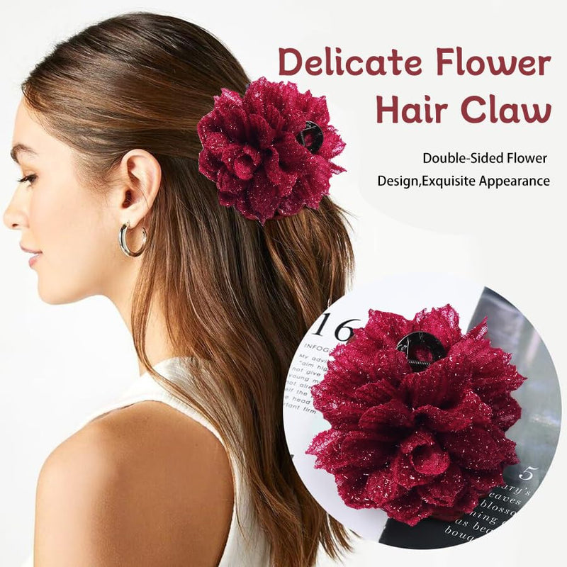Large Rose Flower Hair Claws - Big Mesh Floral Plastic Hair Clips for Women, Barrettes & Updo Holders for Chignon and Bun Hairstyles (Black & red)