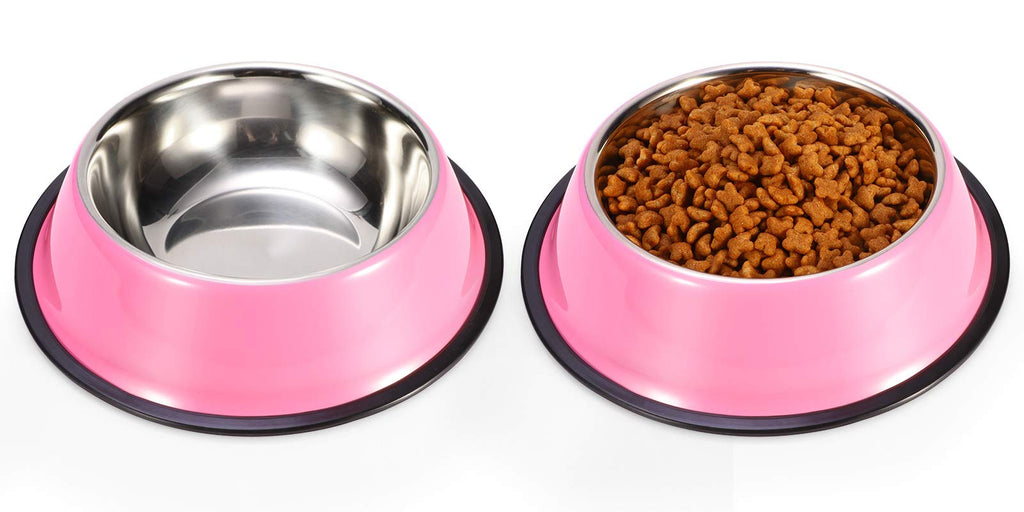 Stainless Steel Dog Bowls, Food and Water Non Slip Anti Skid Stackable Pet Puppy Dishes for Small, Medium and Large Dogs (2 Pack) ¾ Cup/7 oz ea. Pink