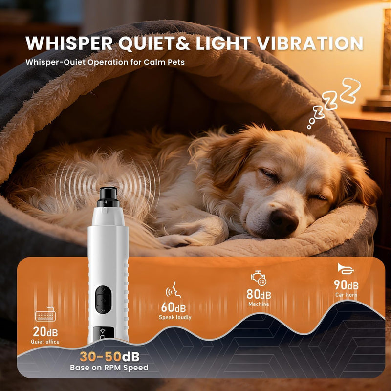 Silent Groom Pro Nail Grinder, 2025 New Nail Grinder for Dogs and Cats with LED Light & 3 Speeds, 2000mAh USB Rechargeable Dog Nail Trimmer for Thick Nails (1pc+2 Heads)