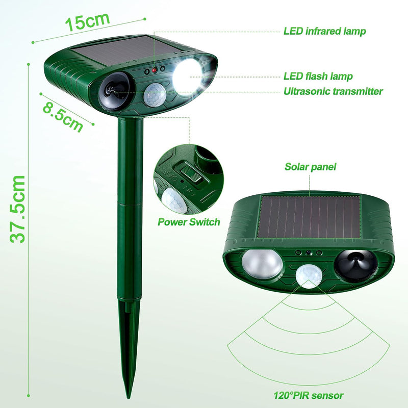 2025 Solar Animal Repellent,Upgraded Ultrasonic Cat Repellent Outdoor,Waterproof Deer Deterrent for Bird Dog Skunk,Squirrels Deterrent with Motion Detection Flash Lights for Farm Patio (2 Pack) 2