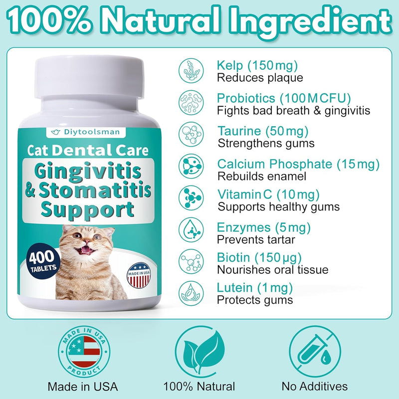 Cat Dental Care – Relieves Gingivitis – Inhibits Plaque & Tartar Buildup, Protects Gum Health and Relieves Bad Breath and Bleeding Gums, Natural Plant Extracts, 120 Easy-To-Swallow Tablets - PawsPlanet Australia