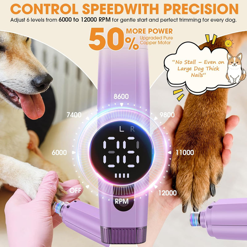 Dog Nail Grinder & Clipper 2-in-1 Set - 25dB Ultra Quiet with 3 Grinding Wheels & 2 LED Lights, Rechargeable for Large/Puppy Dogs & Cats, 3-Speed Adjustable for Anxious Pets Purple