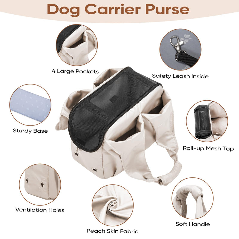 Dog Purse Carrier for Small Dogs, Cats, and Puppies – Soft-Sided Travel Pet Tote Bag with 4 Large Pockets, Foldable, Lightweight, Fits Pets up to 15 lbs, for Travel, Outings (Beige) Beige