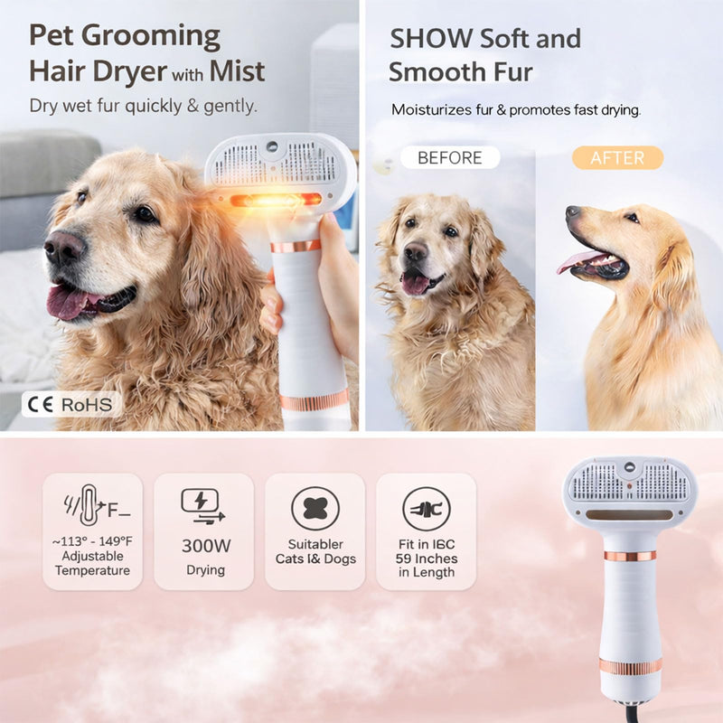 Steam & Dry Pet Grooming Brush for Dogs & Cats, Gentle Touch Deshedding Comb with Light Drying, 4-in-1 Pet Care Tool for Brushing, Drying & Fur Control