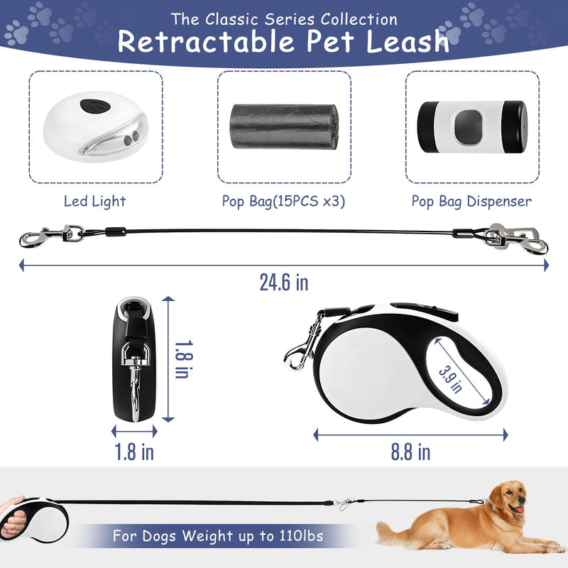 26Ft Retractable Dog Leash - for Dog Up to 110lbs, Tangle Free Walking Leash with Chew Proof Cable | LED Light | Dispenser | Poop Bags, Quick Lock Braking & Non-Slip Handle (White) 26 ft White - PawsPlanet Australia