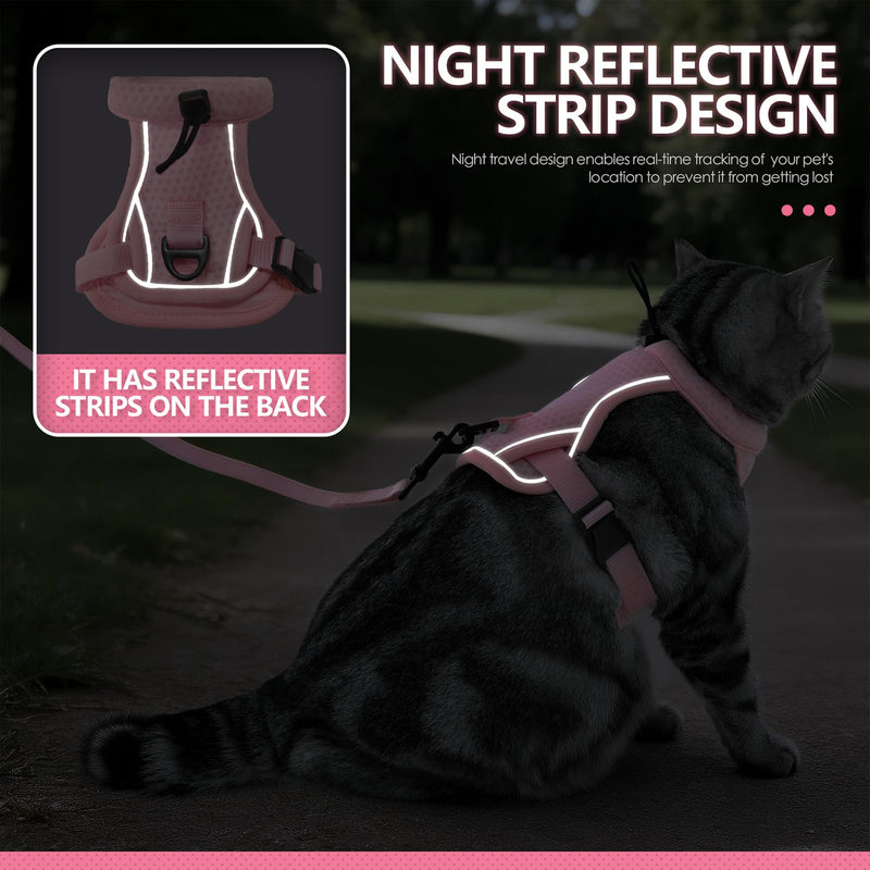 2 Pcs Cat Outdoor Harness and Leash, Escape Proof Adjustable Vest for Pet, Breathable Mesh Reflective Strip Vests, for Most Cats and Samll Dogs (Pink, M) Pink