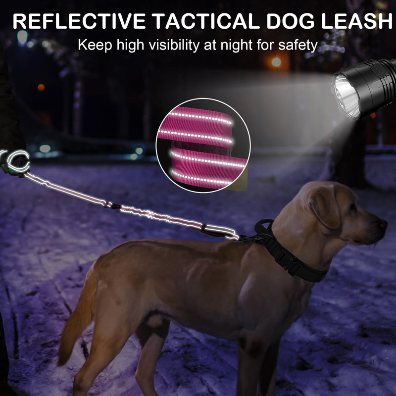 Tactical Dog Leash Heavy Duty, 4-6FT Shock Absorbing Bungee Dog Leash, Reflective Military Strong No Pull Dog Leash with 2 Padded Handle and Car Seatbelt for Medium Large Dogs, Pink - PawsPlanet Australia