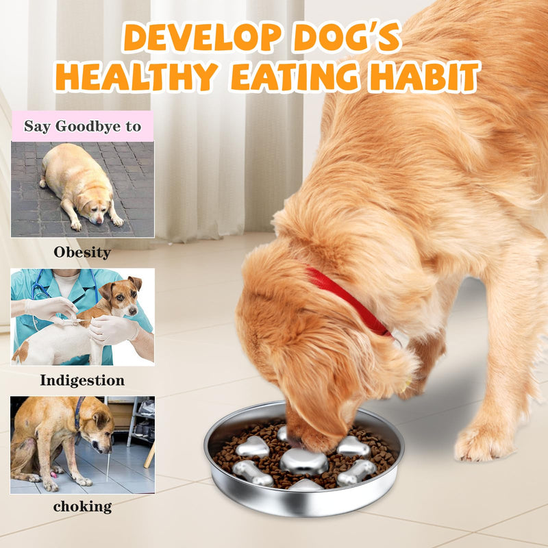 Slow Feeder Dog Bowls, Non-Slip Metal Dog Food Bowls, 304 Stainless Steel Dog Water Bowl, Double-Sided Heart and Bones Design Dog Slow Feeder Bowl for Small Medium Large Dogs - PawsPlanet Australia