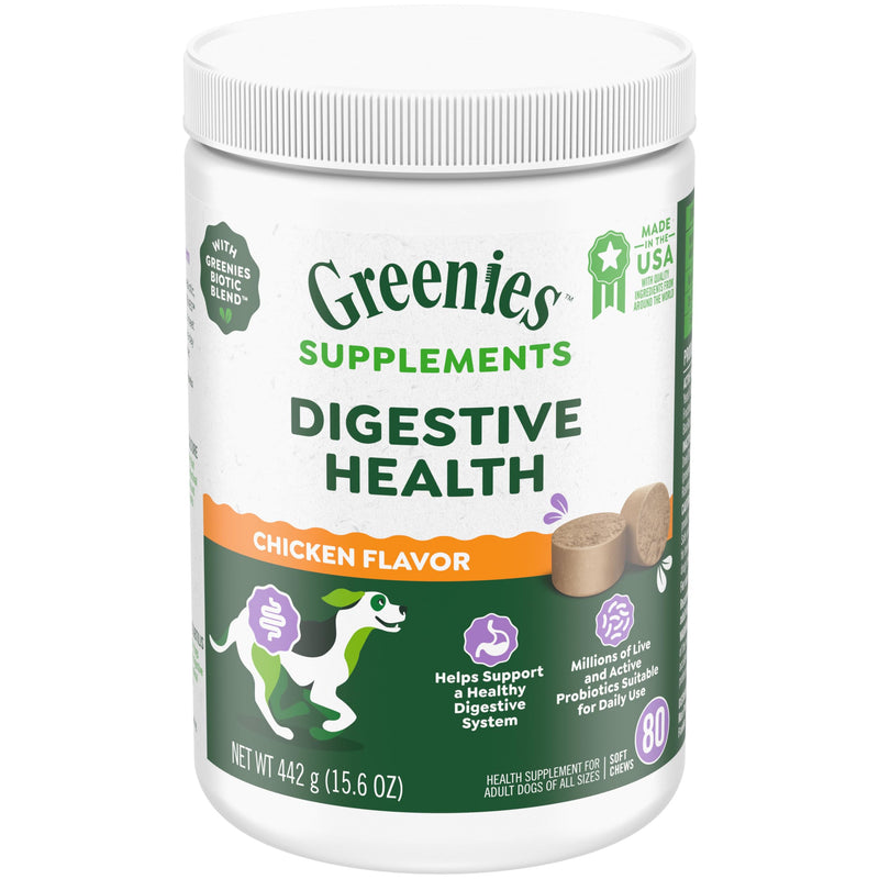 Greenies Supplements Digestive Health Probiotics for Dogs Chicken Flavor, 80 Count Soft Chews Dog Probiotics, 15.6 oz. Pouch - PawsPlanet Australia