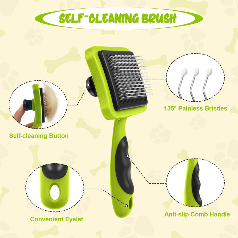 Grooming Dematting Comb Tool Kit 4 Pack Self Cleaning Dog Brush Cat Brush Grooming Comb Kit, Cat Dog Nail Clippers with Nail File Professional Pet Hair Removal Goomings, Massage, Cleaning, Green