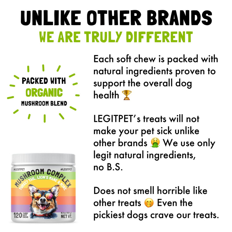 Mushroom Complex Treats for Dogs with Reishi Shiitake and Turkey Tail Mushrooms for Cognition and Immune Boosting Supports Digestive Health and Reduces Inflammation DHA EPA Turmeric Kelp 120 Chews