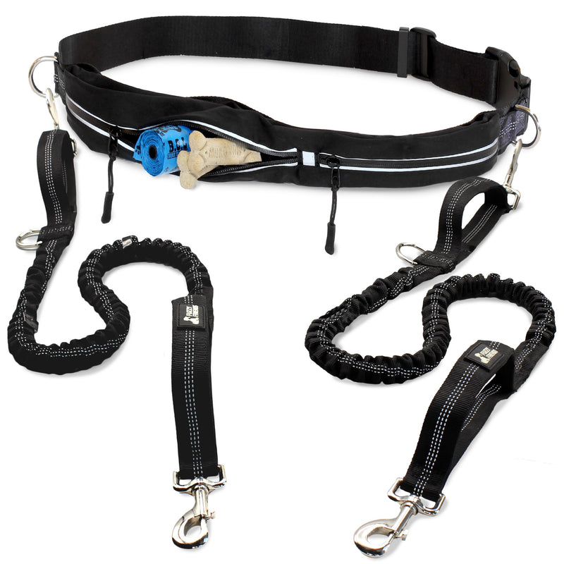 Hands Free Dog Leash for 2 Dogs - 2 Convenient Pouches on This Nifty Hands Free Leash - Padded Handles and 2 Tough Bungees - Perfect Waist Leash for Dog Walking, Running or Adventuring Waist: 28in - 49in Black