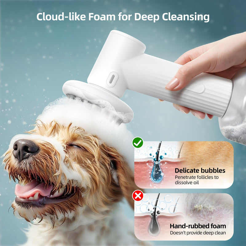 uahpet Automatic Foaming Pet Brush, Rechargeable & IPX7 Waterproof Dog Scrubber with Soft Silicone, One-Button Deep Cleaning Dog Bath Brush for Short and Long Haired Pet - PawsPlanet Australia
