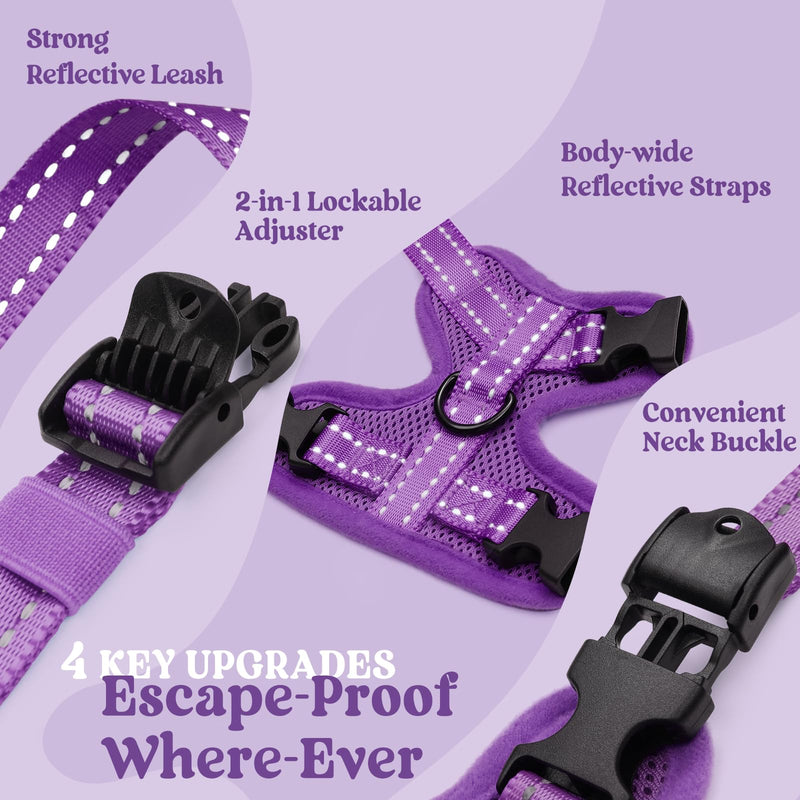 rabbitgoo Cat Harness and Lead Set, Escape Proof Kitten Harness with 3 Adjustable Buckles, Soft Comfortable Cat Vest with Leash, Easy to Wear, Reflective for Safe Outdoor Walking, Small, Purple