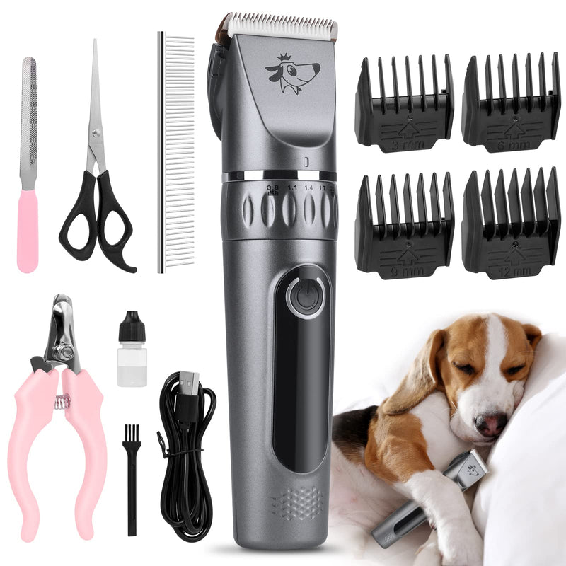Dog Clippers, Professional Dog Grooming Clippers Kit, Low Noise Rechargeable Cordless Dogs Grooming Clipper, Electric Pet Clipper Hair Trimmer for Dogs, Cats and Other Animals, Silver