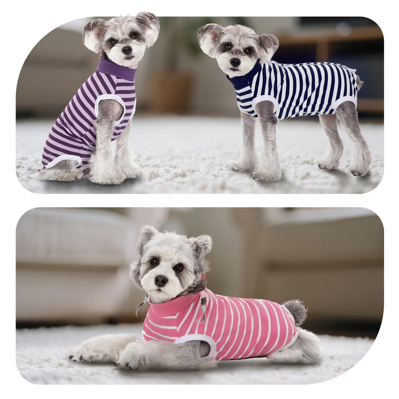 Striped Dog Surgery Suit - Soft Cotton Recovery Body Suit After Surgery, Wound Protection, Easy to Wear, Pink L