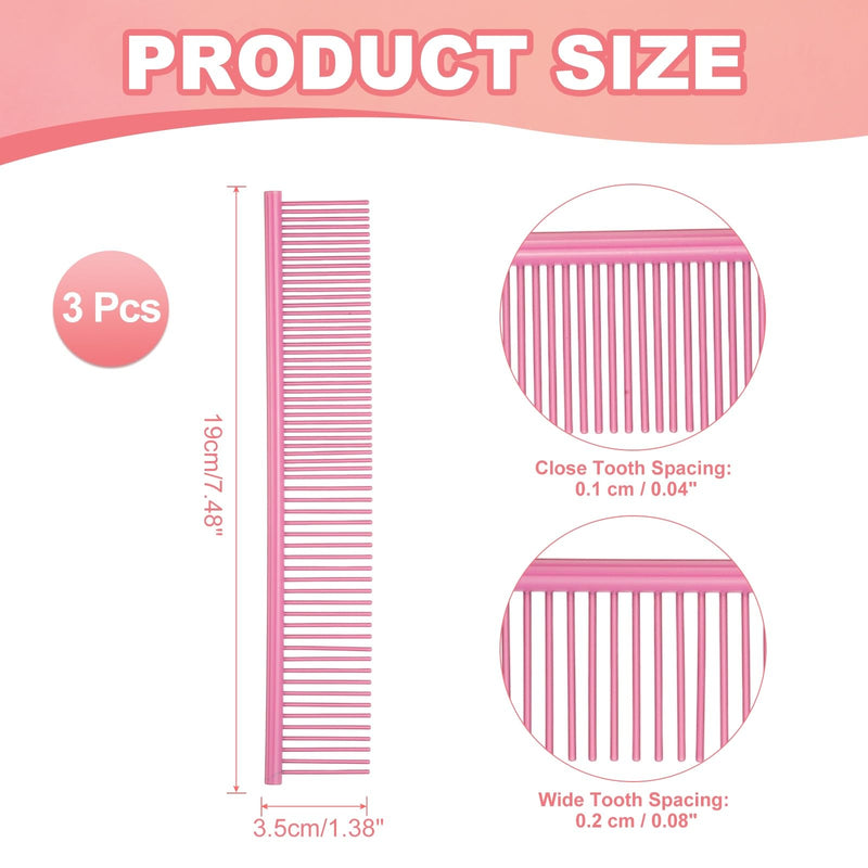 Dog Cat Comb, Pet Combs Stainless Steel Teeth with Rounded Ends for Knots Mats Loose Hair Removal, 7.5IN (Pink Coated, 3 Pack), Grooming Tool Intended for Long Curly Hair Pet Pink Coated 7.5 IN