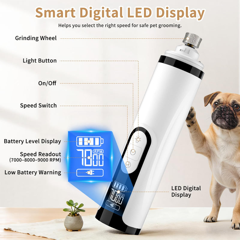 Upgraded 2026 3-Speed Dog Nail Grinder,Ultra-Quiet Rechargeable USB Trimmer with LED Lights & Battery Display –Painless Grooming for Dogs &Cats with Thick Nails &Sensitive Paws for Small to Large Pets - PawsPlanet Australia
