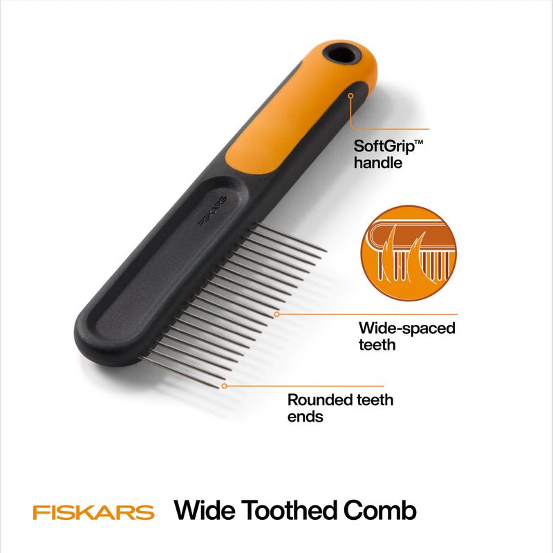 Fiskars Pet Wide Tooth Comb, Cat & Dog Comb, Wide-Spaced Rounded Teeth & SoftGrip™ Handle for Gentle Detangling, Cat and Dog Supplies, 7”, Orange/Black