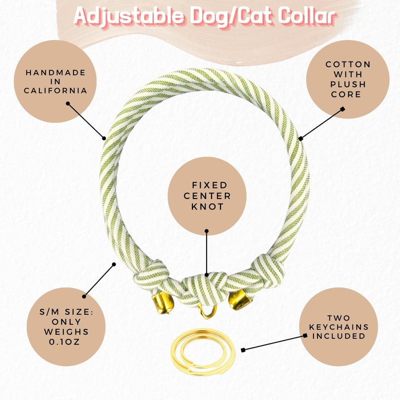 Striped 5mm Thin Cotton Pet Collar – Slip-On Collar for Dogs & Cats with O-Ring, Adjustable No Buckle for Small to Large Breeds, Soft Lightweight Rope Collar, 2 Split Rings (Green, S/M (6-13")) Green S/M (6-13") - PawsPlanet Australia