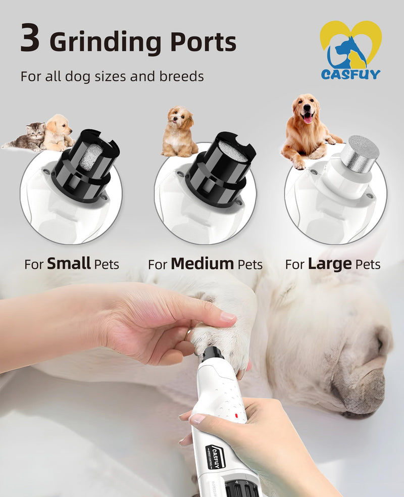 Casfuy Dog Nail Grinder Quiet - (45db) 6-Speed Pet Nail Grinder with 2 LED Lights for Large Medium Small Puppy Dogs/Cats, Professional 3 Ports Rechargeable Electric Dog Nail Trimmer with Dust Cap White - PawsPlanet Australia