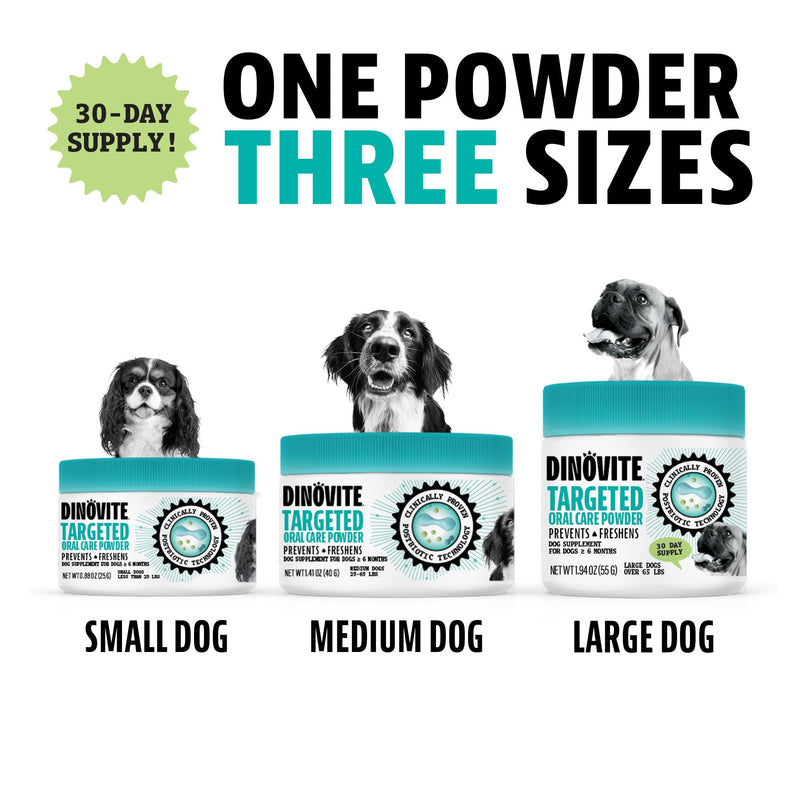 Dinovite Dog Dental Powder, Brush-Free Breath Freshener & Teeth Cleaning Dental Care Powder with Probiotics & Postbiotics, Oral Care Bad Breath Treatment, Small Dogs, Made in USA, 30 Day Supply 0.88 Ounce (Pack of 1) - PawsPlanet Australia