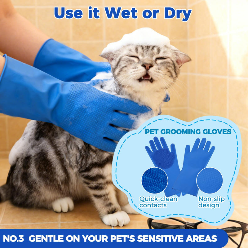PAWCHIE Bath Grooming Kit for Pets, 9 PCS Hair Brush Set with Towel,Washing Gloves,Bath Brush and Adjustable Handle Shampoo Brush & Scrubber for Short Long Haired Dogs and Cats,Dog Bath Supplies,Blue - PawsPlanet Australia