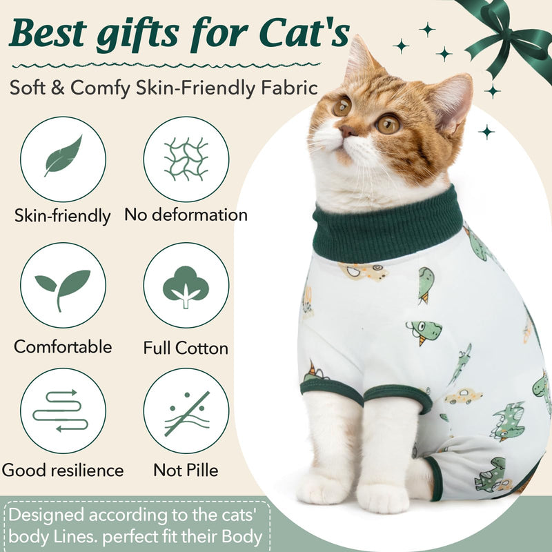 DENTRUN Cat Surgery Recovery Suit Female Male Soft Onesie, Kitten Surgical Collar Cone Alternative Shirt, Abdominal Wounds Anti-Licking Pajama for Small Pets Spay, Cat Body Suit Post Surgery XL Green Dinosaur - PawsPlanet Australia