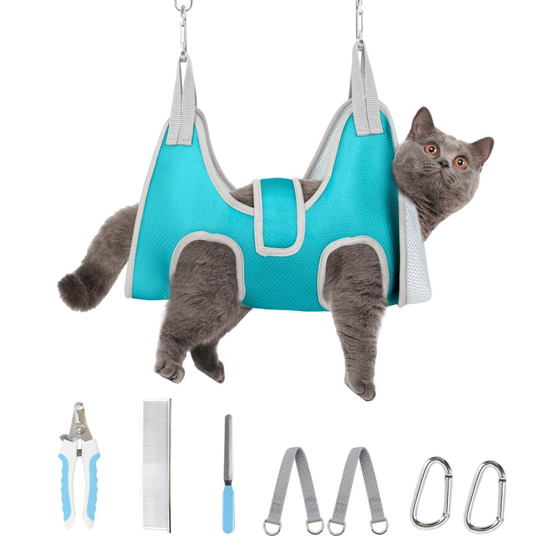 Supet Cat Grooming Hammock Harness for Cats Dogs, Relaxation Pet Restraint & Small Animal Leashes Sling Helper Nail Trimming Clipping XS（ Legs Spacing：6-9.5" / Max W：5-15LBS） Blue - PawsPlanet Australia