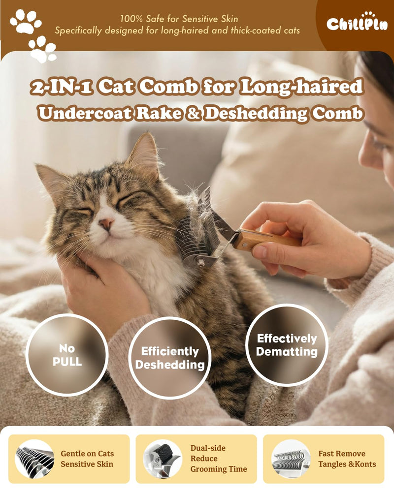 Cat Brush for Long Haired Cats - Double Sided Dematting Undercoat Rake for Persian, Ragdoll, Maine Coon - Professional Grooming Tool to Remove Mats, Tangles & Shedding - Skin-Safe Teeth