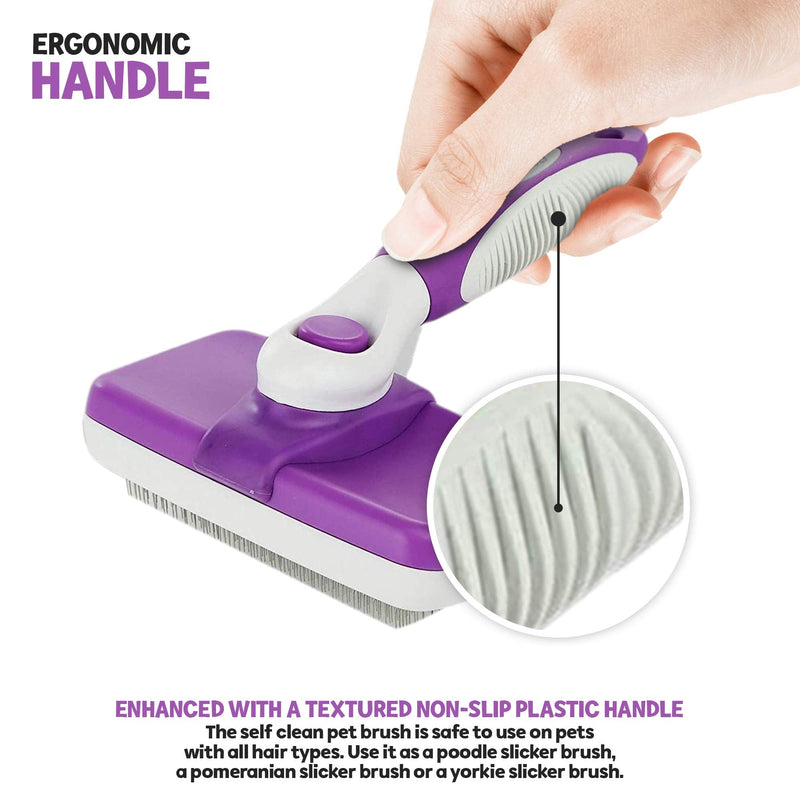 POODLIE Dog Grooming Brush, Self Cleaning Slicker Brush for Dogs and Cats - Removes Tangles, Loose Hair - Poodles, Pomeranians, Yorkies, Soft Pins - Purple 1 Count (Pack of 1) - PawsPlanet Australia