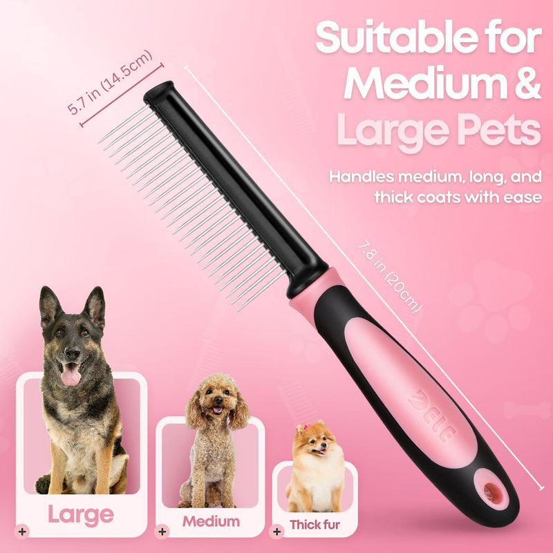 Flexzion Metal Pet Comb for Cats & Dogs - Sturdy Stainless Steel Rounded Teeth with Non-Slip Soft Grip Handle Easy to Use Grooming Detangling Cat Combs for Indoor Cats, Pink