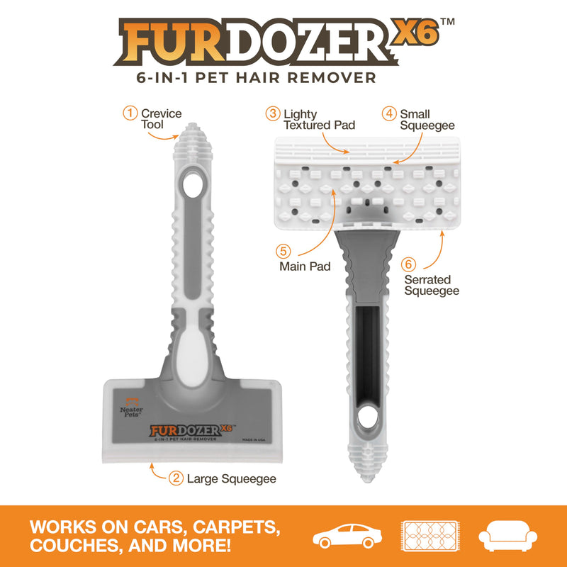 FurDozer X6 Pet Hair Remover & Auto Detailing Tool - Cat & Dog Hair Remover for Carpets, Car Interiors, Couches, Bedding, & Furniture - Reusable Pet Hair Removal Tool for Cat and Dog Fur & Lint, Grey Gray - PawsPlanet Australia