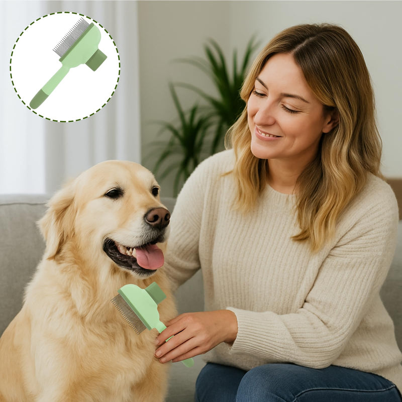 Flea Brush for Cat – Cat Comb for Shedding, Deshedding Brush for Cats & Dogs with Release Button, Pet Hair Removal Comb with Long & Short Stainless Steel Teeth (Green, 1 Pack) - PawsPlanet Australia