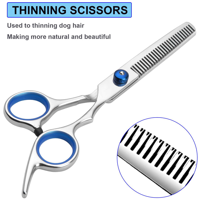Dog Grooming Scissors Kit Professional Dog Scissors for grooming with Safety Round Tip 6 in 1 4CR Coated Stainless Steel Heavy Duty Thinning Curved Pet Shears Set for Dogs Cats Other Animals at home 6 in 1 Dog Grooming Scissors Set - PawsPlanet Australia