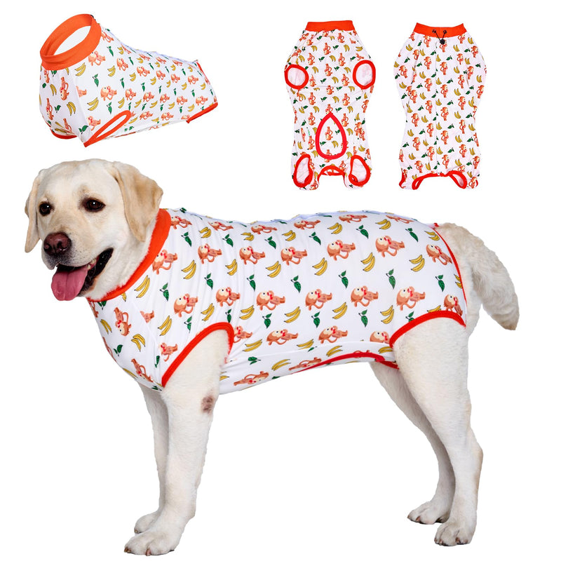 LovinPet Dog Recovery Suit, Anti-Licking Wound Protection for Large Medium Dogs, Shedding Control Full Body Coverage, Monkey Pattern, White, L
