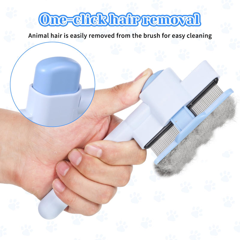 Pet Comb for Cats & Dogs, Pet Hair Removal Tool Flea Comb Self-Cleaning Pets Combs with Long & Short Stainless Steel Metal Teeth for Shedding and Tangles with Release Button - PawsPlanet Australia