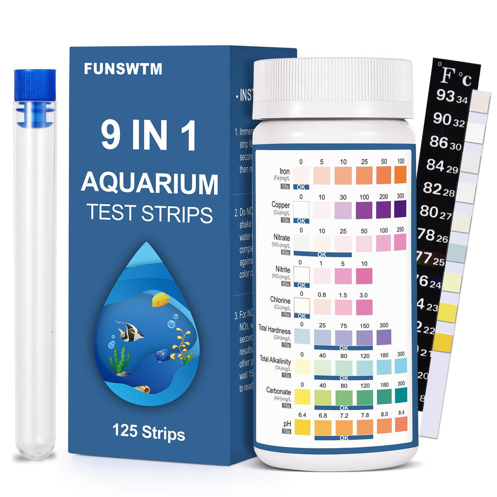 Aquarium Water Test Kit for Freshwater: 125ct 9 in 1 Aquarium Test Strips for Fish Tank Monitor pH Chlorine Hardness Nitrate, Nitrite,ect