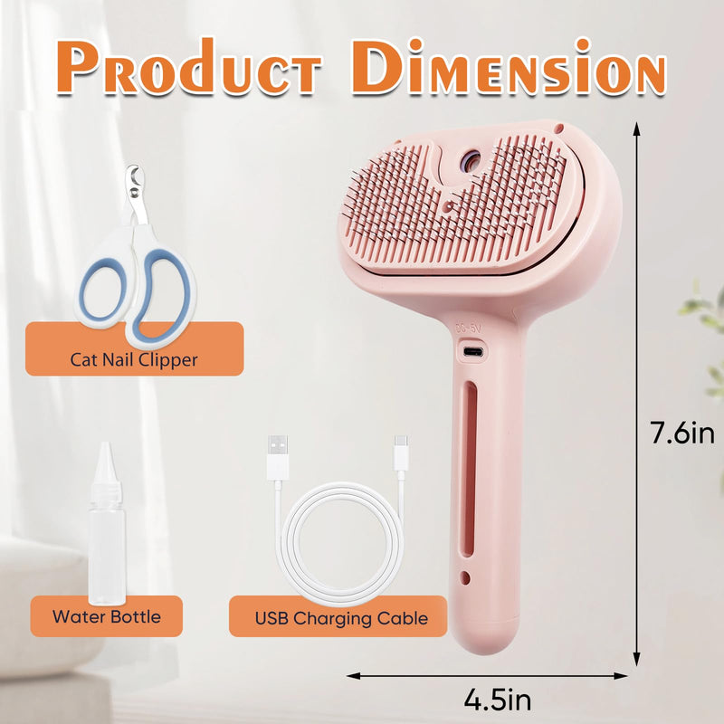 Cat Steam Brush with Release Button, Pet Spray Brushes for Shedding & Grooming, Mist Comb for Pet Long Short Haired, Steamy Brush for Cats Removing Loose Fur and Massage (Pink) Pink - PawsPlanet Australia