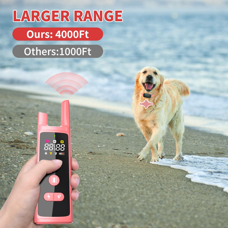Dog Training Shock Collar 4300FT Dog Bark Collar with Remote IP67 Waterproof 4 Training Modes Beep Vibration Shock Light Mode Magnetic Charger Electric Dogs Collar 8-25 inches Double Shock Rose Bloom - PawsPlanet Australia