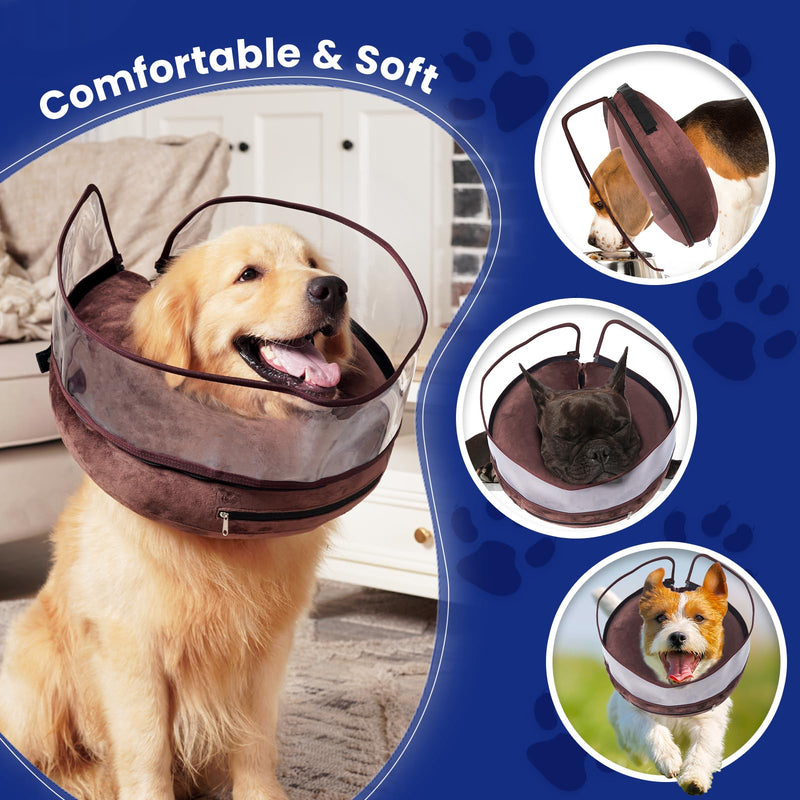 BARKLESS Dog Donut Collar, Inflatable Cone for Dogs to Stop Licking After Surgery, Soft Dog Cone of Alternative with Anti-Licking Guard Shield, Protective Pillow Cone for Large Medium Small Dogs Coffee XL