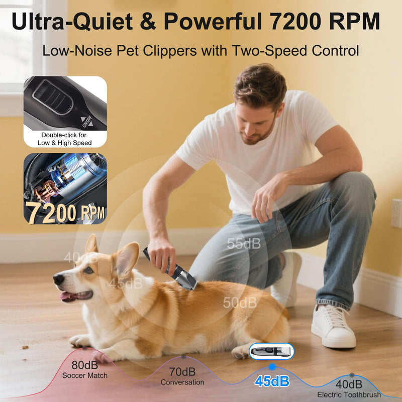 Dog Grooming Clippers Kit, Upgraded Cordless Professional Pet Clippers, Low Noise Dog Trimmer with Ceramic Blades, 7200 RPM Pet Shaver for Dogs Cats with 4 Guide Combs and Nail Kit