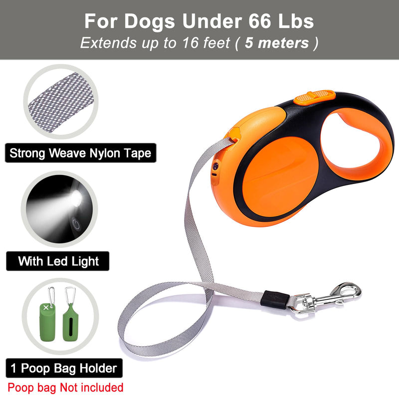 Retractable Dog Leash with Light and Poop Bag Holder, 16ft Dog Leash Retractable for Small Medium Dogs Walking, Rechargeable Puppy Retractable Leash with Led Flashlight for Pet Upto 66 Lbs, No Tangle With Led Light 16 FT - PawsPlanet Australia