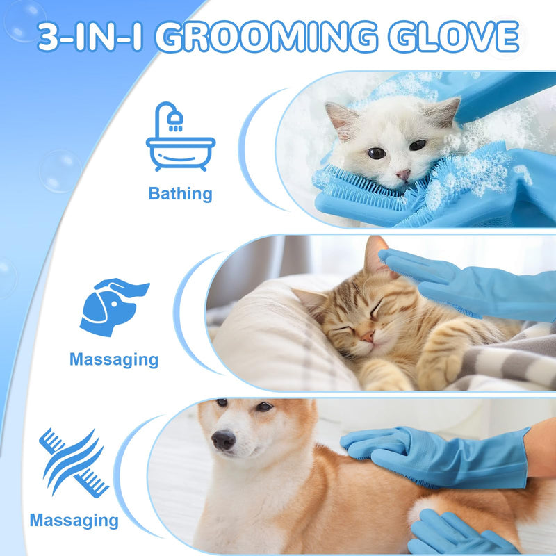 WJWJA-Pet Grooming Gloves - Dog Bath Gloves - Reinforced 5 Finger Design - Perfect for Cat Bath Gloves - Massage - Hair Removal Tool blue - PawsPlanet Australia