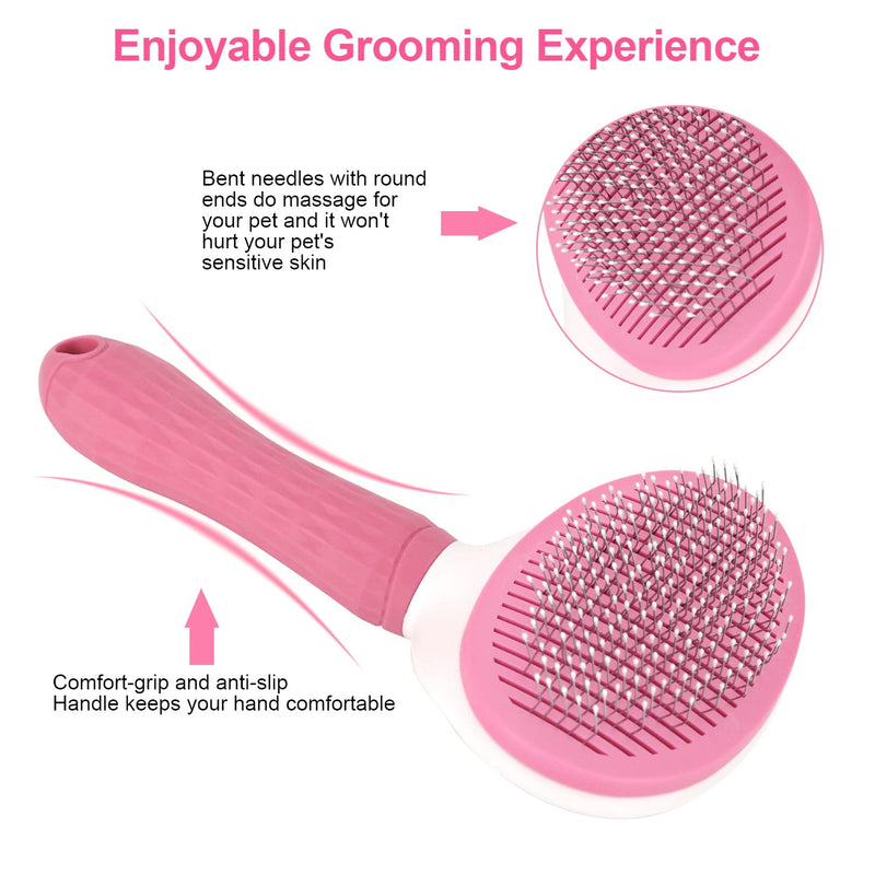 Depets Self Cleaning Slicker Brush, Dog Cat Bunny Pet Grooming Shedding Brush - Easy to Remove Loose Undercoat, Pet Massaging Tool Suitable for Pets with Long or Short Hair Pink - PawsPlanet Australia