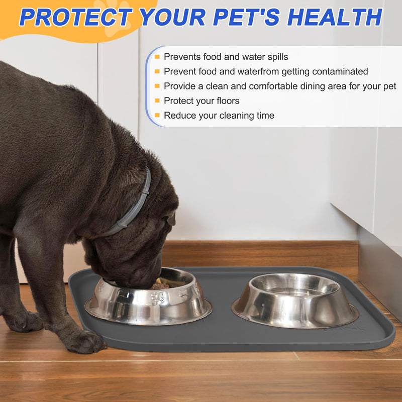 Silicone Pet Feeding Mat with Raised Edge, Dog Cat Bowl Mats for Food and Water, Pet Placemat for Floors Waterproof, 19” x 12” x 0.7” Grey 19 x 12 x 0.7 inch - PawsPlanet Australia