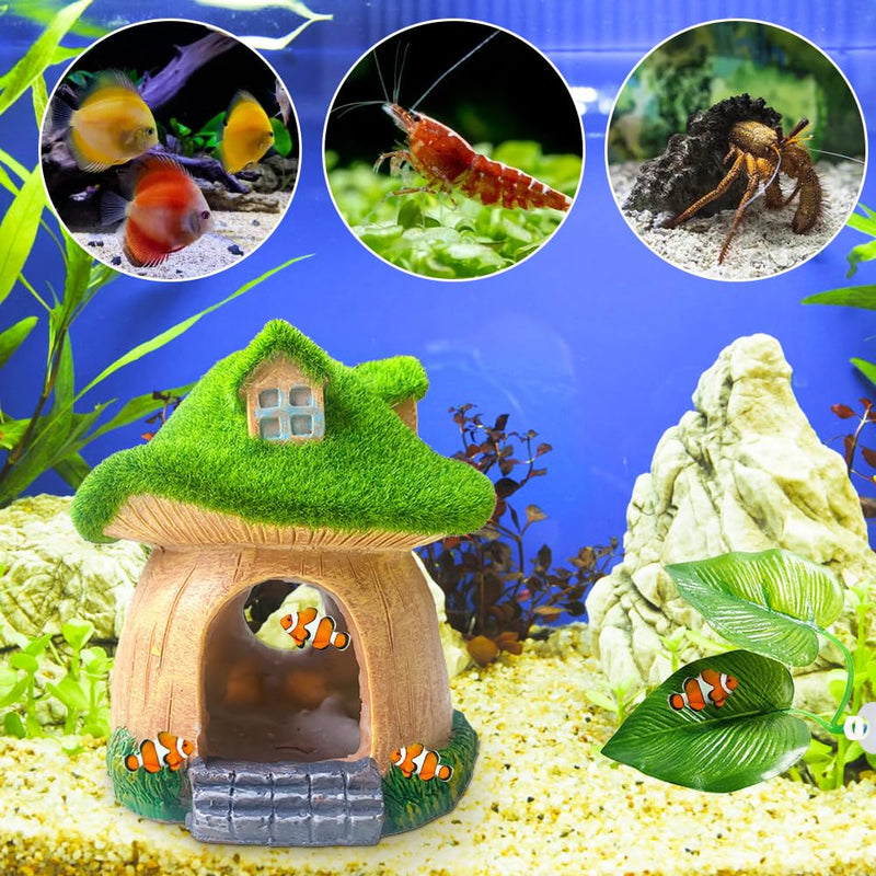 WINGOFFLY® Resin Fish Hideout House Mushroom with Artificial Leaves Betta Fish Shelter Fish Hide House Shrimp Hideout Cave Betta Fish Hide Cave for Aquarium Fish Tank Decor - PawsPlanet Australia