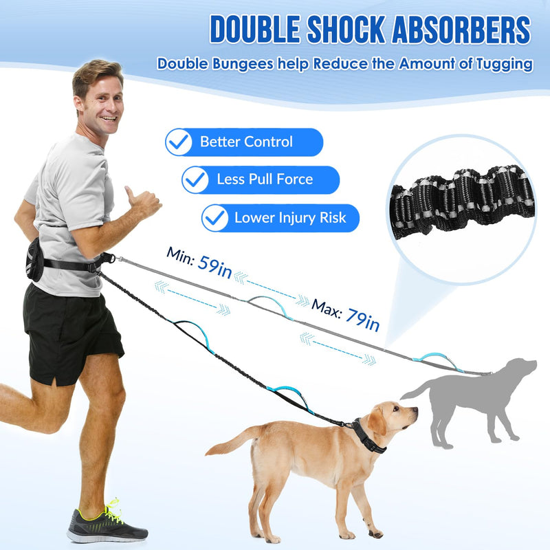 Hands Free Dog Leash for 2 Dogs, Adjustable Waist Belt with Zipper Pouch, Dual Handle Retractable Elastic Bungee with Reflective Stitches for Medium and Large Dogs Training Running 2 Leashes
