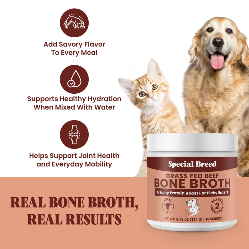 Bone Broth Powder for Dogs and Cats - Dog & Cat Food Topper for Picky Eaters - Grass Fed Beef Bone Broth Supplement - Supports Hydration, Joint, Immunity & Heart Health - Serve Dry or Wet - 4.75oz 4.75 Ounce (Pack of 1)