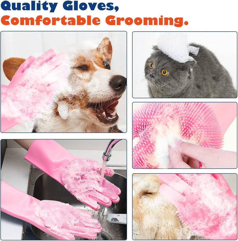 Pet Grooming Gloves, Silicone Gloves Dog Bathing Supplies Hair Removal Gloves, High Density Teeth Bathing Shampoo Shedding Bath Brush Scrubber Washing for DOD and Cat (Pink) - PawsPlanet Australia